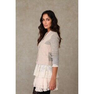 We the Free Colorblock Wool Angora Cardigan Knit Gray Beige Button Sweater Sz L